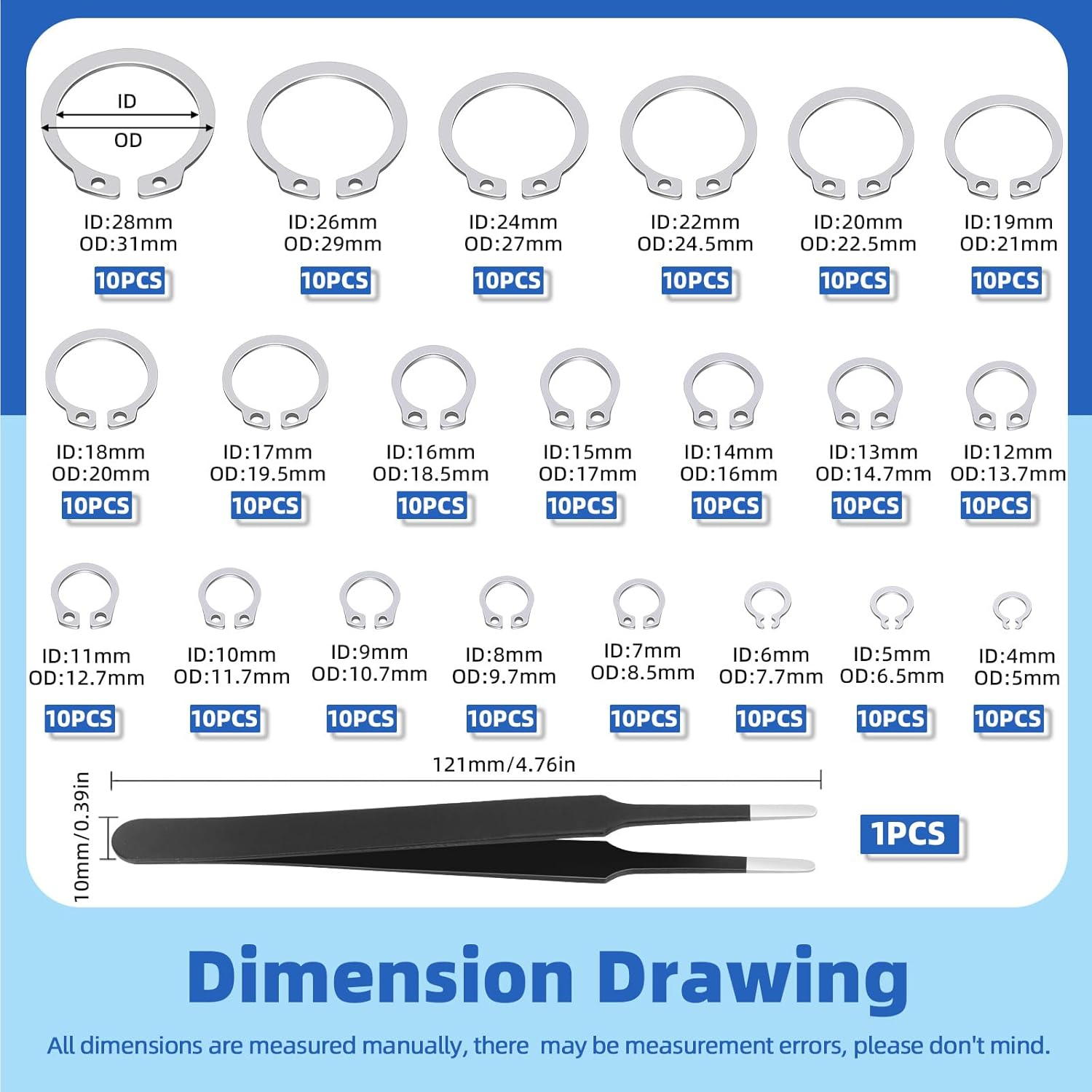 Glarks 211Pcs 21 Sizes C-Clip External Retaining Rings Assortment Set, 304 Stainless Steel 4MM-28MM Snap Ring Shop Assortment Circlip Retainer Rings with a Tweezer for Axles, Shafts and Moving Parts image number 4