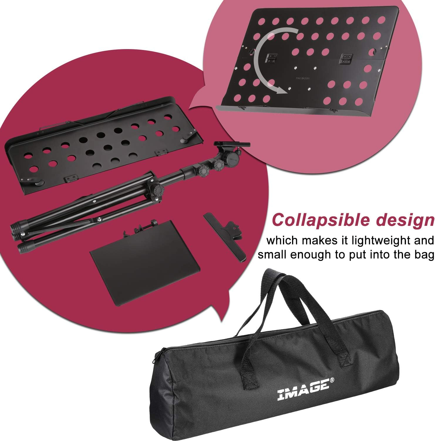 IMAGE 55-160 Cm Sheet Music Stand Adjustable and Foldable Travel Metal Music Stand with Music Tray, Carrying Bag, and Music Sheet Clip Holder for Instrumental Performance