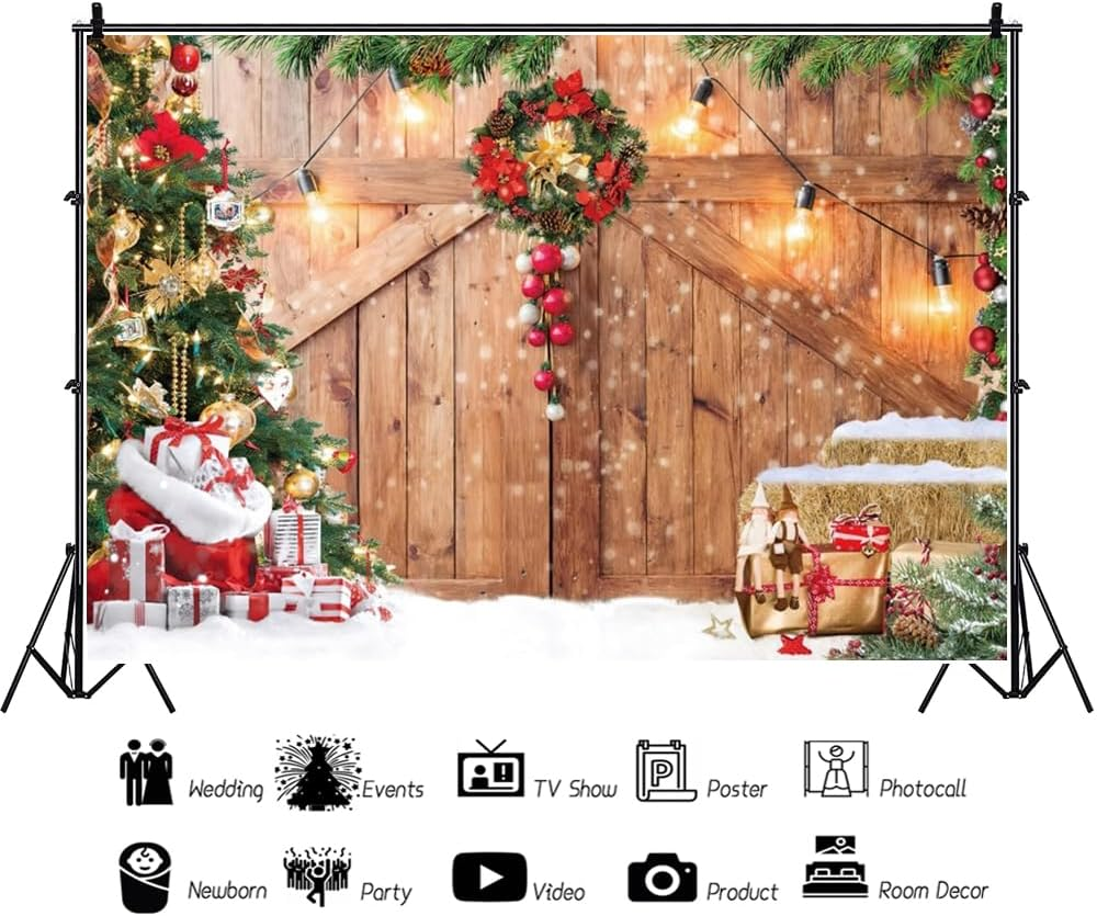 10X8Ft Christmas Barn Wood Door Backdrop Xmas Tree Rustic Wooden Snow Winter Wall Floor Party Photo Background for Holiday New Year Party Banner Family Holiday Party Supplies image number 3