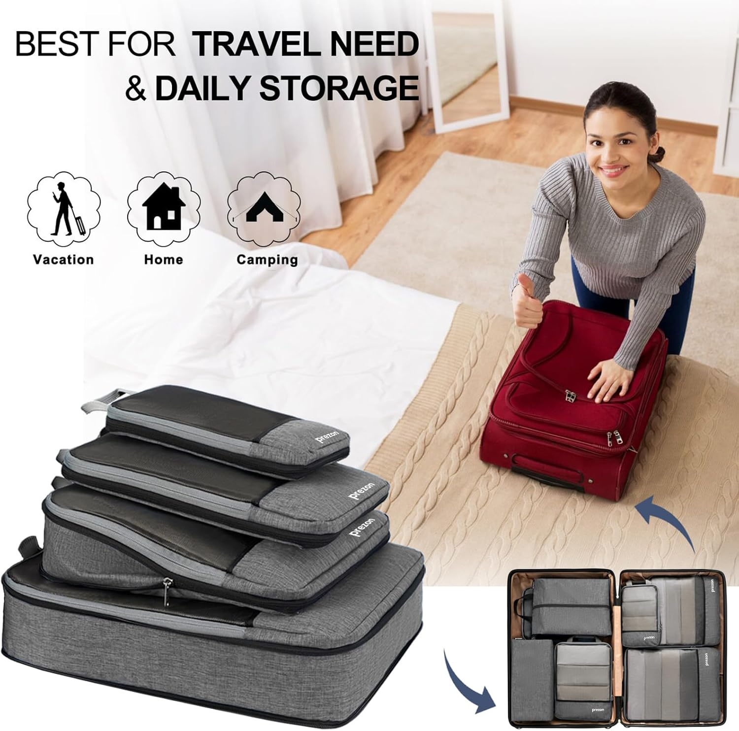 Prezon Compression Packing Cubes with Travel Shoes Bag and Laundry Bag, Luggage Organiser Set, Extensible Suitcase Organiser, Packing Organisers for Suitcases, Travel, Storage(Grey, 4 Set)