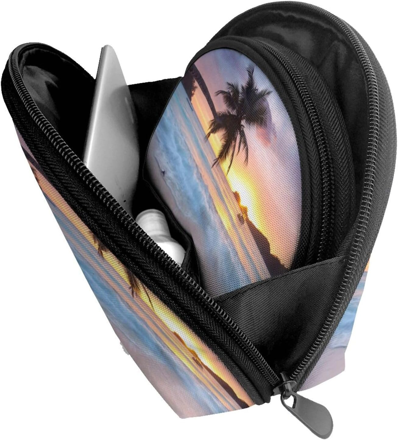 Cozimangoe Coin Pouch Makeup Bags Set, 2 Piece Shell Shape Cosmetic Bag with Pockets for Daily Travel Handbag Lipstick Keys Toiletry, Personalized Sunrise Tropical Palm Tree Island image number 5