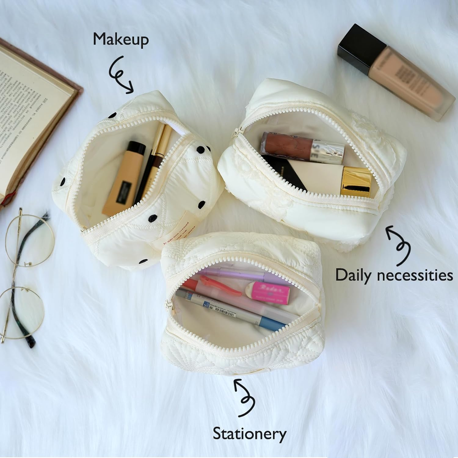 Sminra White Makeup Bag Small Nylon Cotton Quilted Cosmetic Makeup Bag Organizer, Aesthetic Floral Waterproof Portable Pouch Purse Toiletry Bag for Women Girls Travel Accessories, White Lace-S,