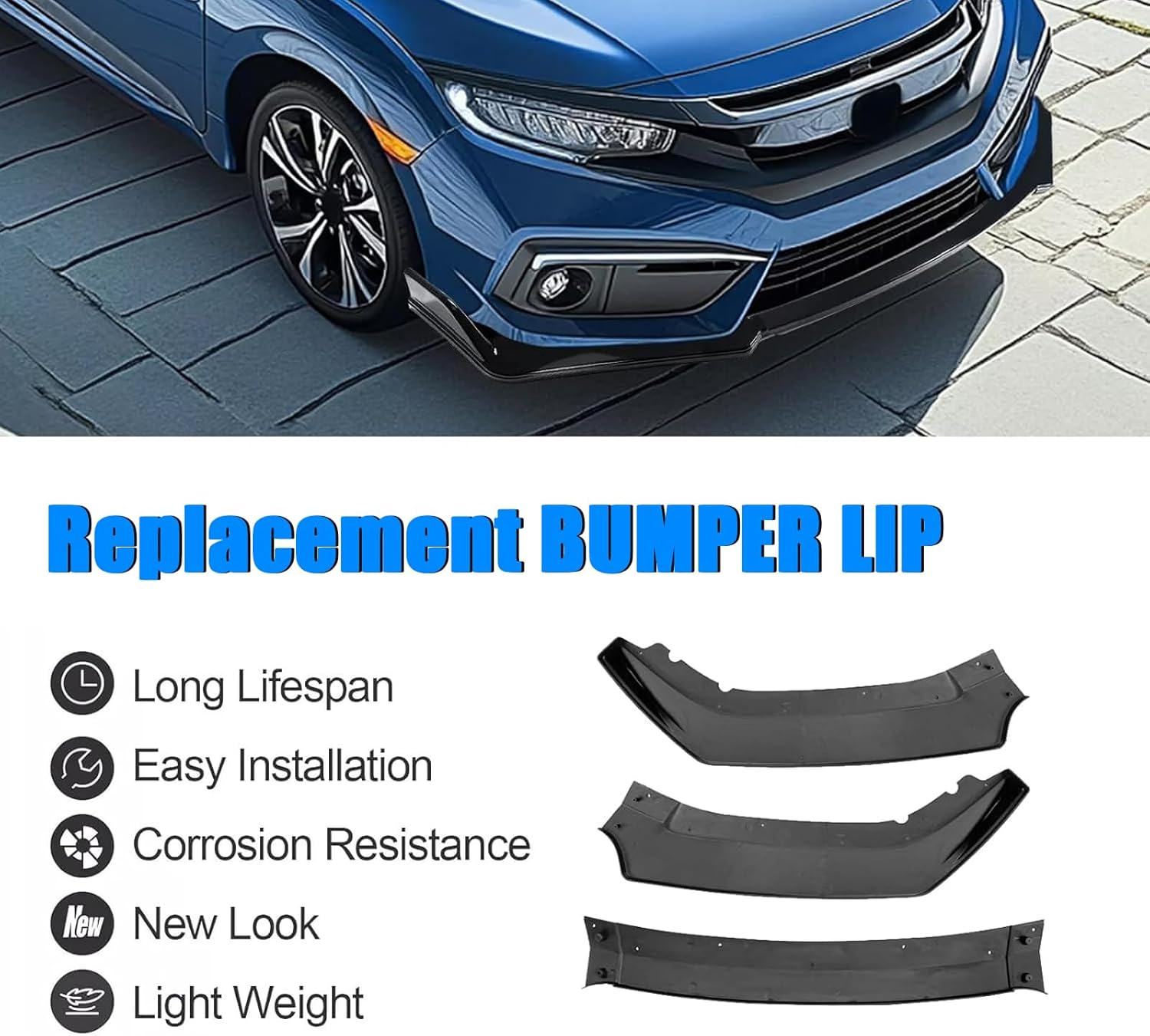 Collect Light 3Pcs Front Bumper Spoiler Lip for 2016-2020 Honda Civic Glossy Black Body Kits Spoiler image number 5