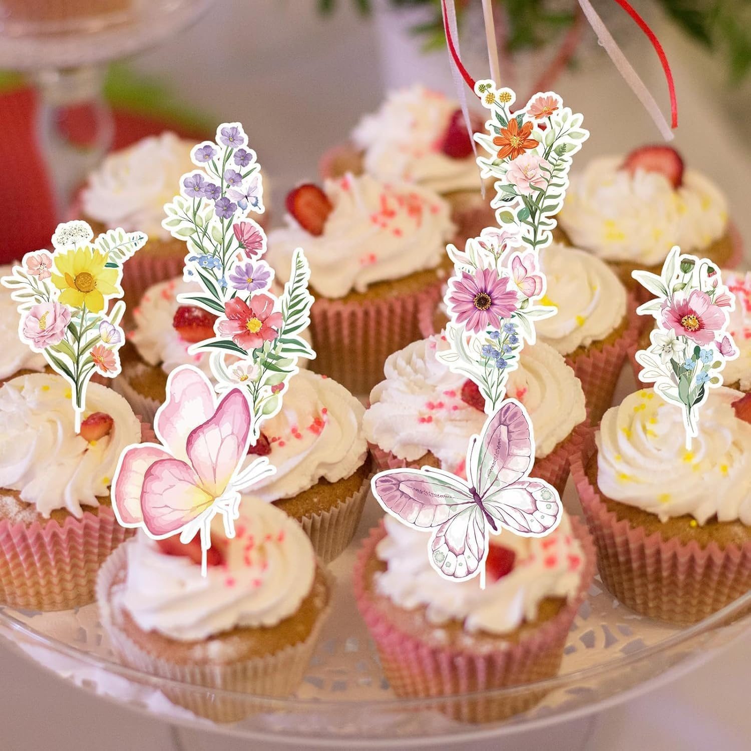 YJSPARKK 40PCS Butterfly Flower Cupcake Toppers,Wildflower Floral Bloom Cake Toppers Supplies,Decorations for Girls Women Birthday Wedding Baby Shower Fairy Party image number 2