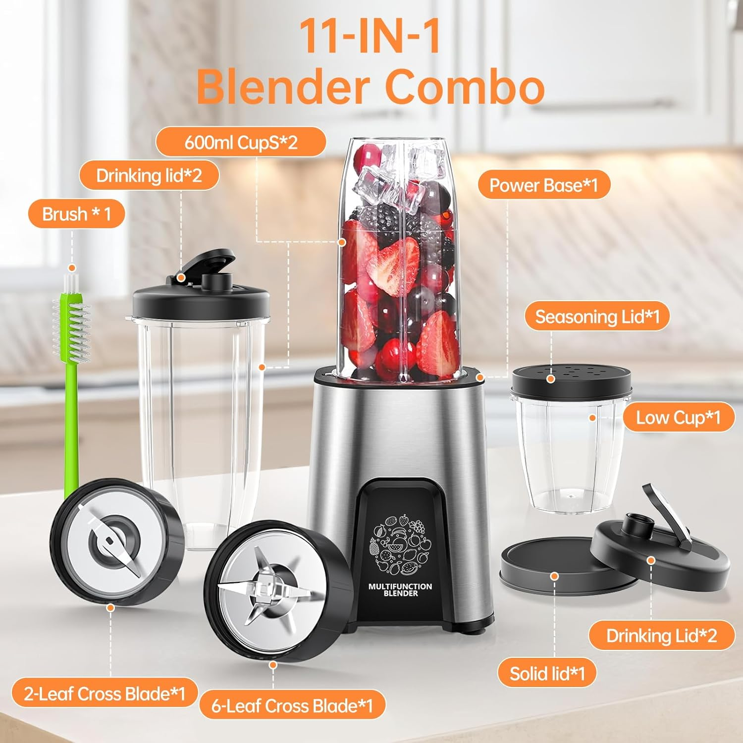 Smoothie Blender, 850W Personal Blender for Shakes and Smoothies, Blenders for Kitchen, Smoothie Juice Mixer with 2X 650Ml Travel Cups & 300Ml Grinding Cup,Smoothie Maker with Bpa-Free (Silver) image number 1