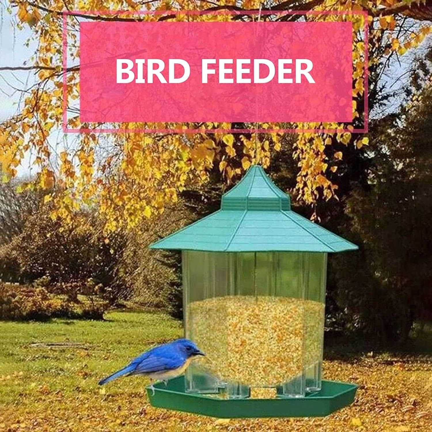Bird Feeder for Wild Birds, Waterproof Roof Hanging Garden Decoration and Kids Wild Bird Feeder Kits, Durable Squirrel-Proof Bird Feeders Outside, Automatic Feeder Great for Attracting Birds (GE) image number 3