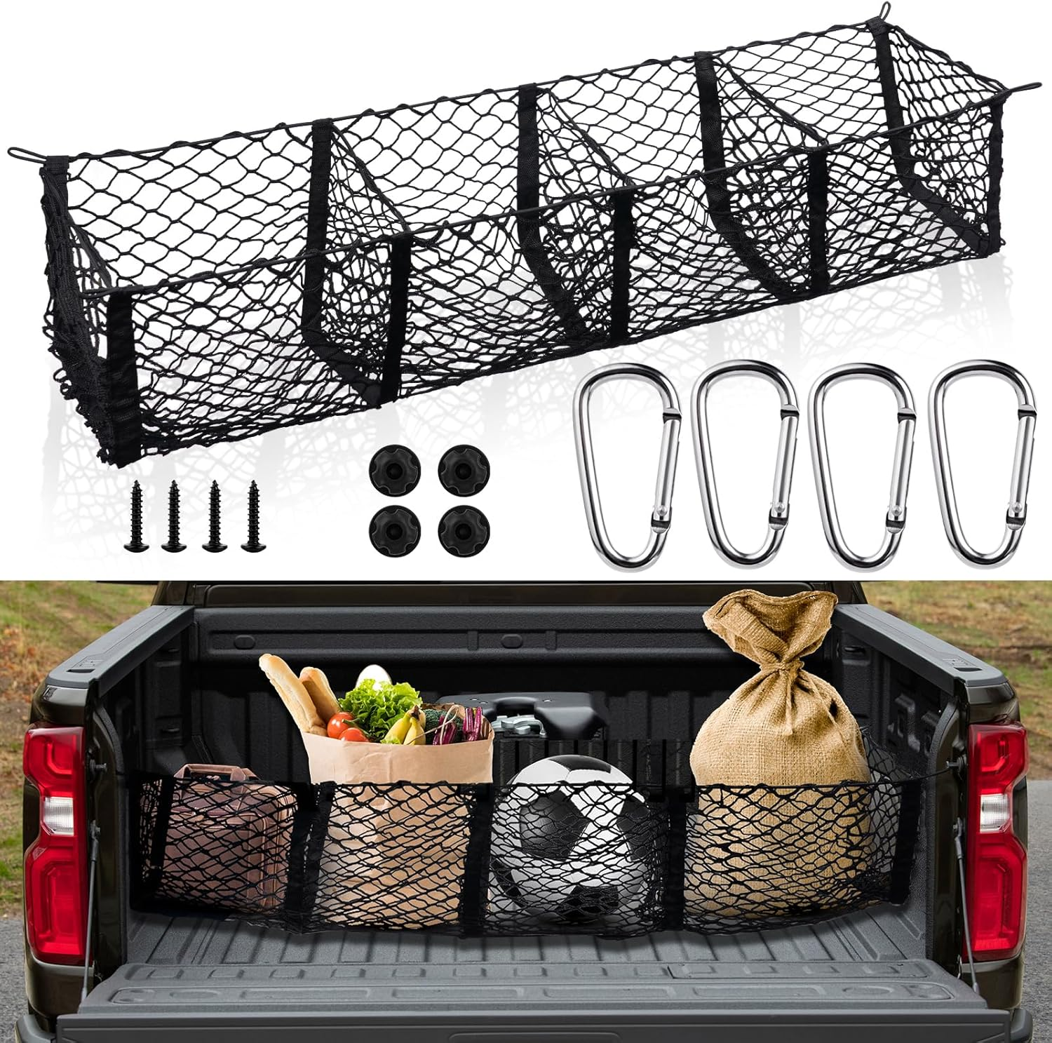 Holnunet Cargo Net for Pickup Truck Bed- 59" Adjustable Elastic Mesh Cargo Net, Car Rear Storage Organizer with 4 Carabiners Accessories, Heavy Duty Cargo Net for Pickup, Truck, SUV, M0003