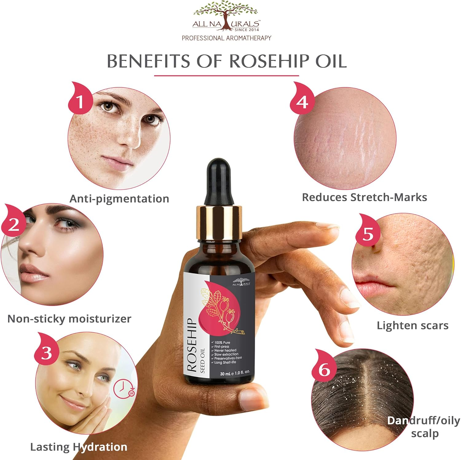 All Naturals 100% Pure Rosehip and Grapeseed Oil Combo (30Ml Each) for Hair, Skin & Face image number 3