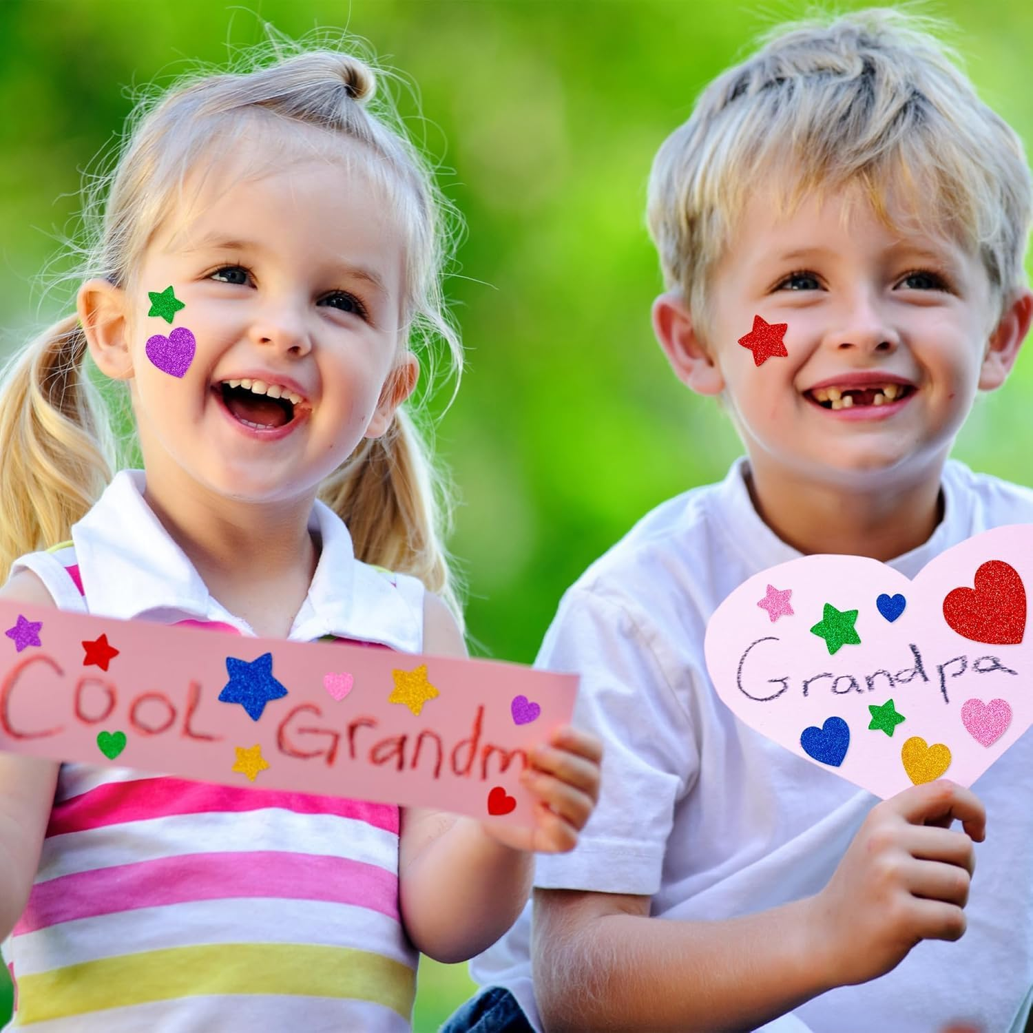 300 Pieces Colorful Glitter Foam Stickers Self Adhesive Stars Mini Heart Shapes Glitter Stickers, Kids Arts Craft Supplies Greeting Cards Home Decoration Stars&Heart Shapes,Valentines Stickers image number 1