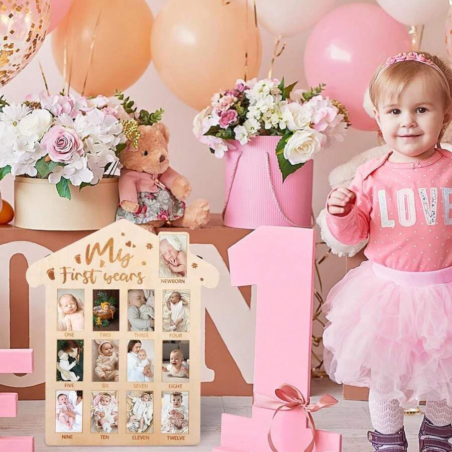 My First Year Photo Frame Board, Baby First Year Picture Frame 12 Months Milestone Display Wood Board Baby Keepsake 1St Birthday Nursery Decor 40&times;30Cm image number 4