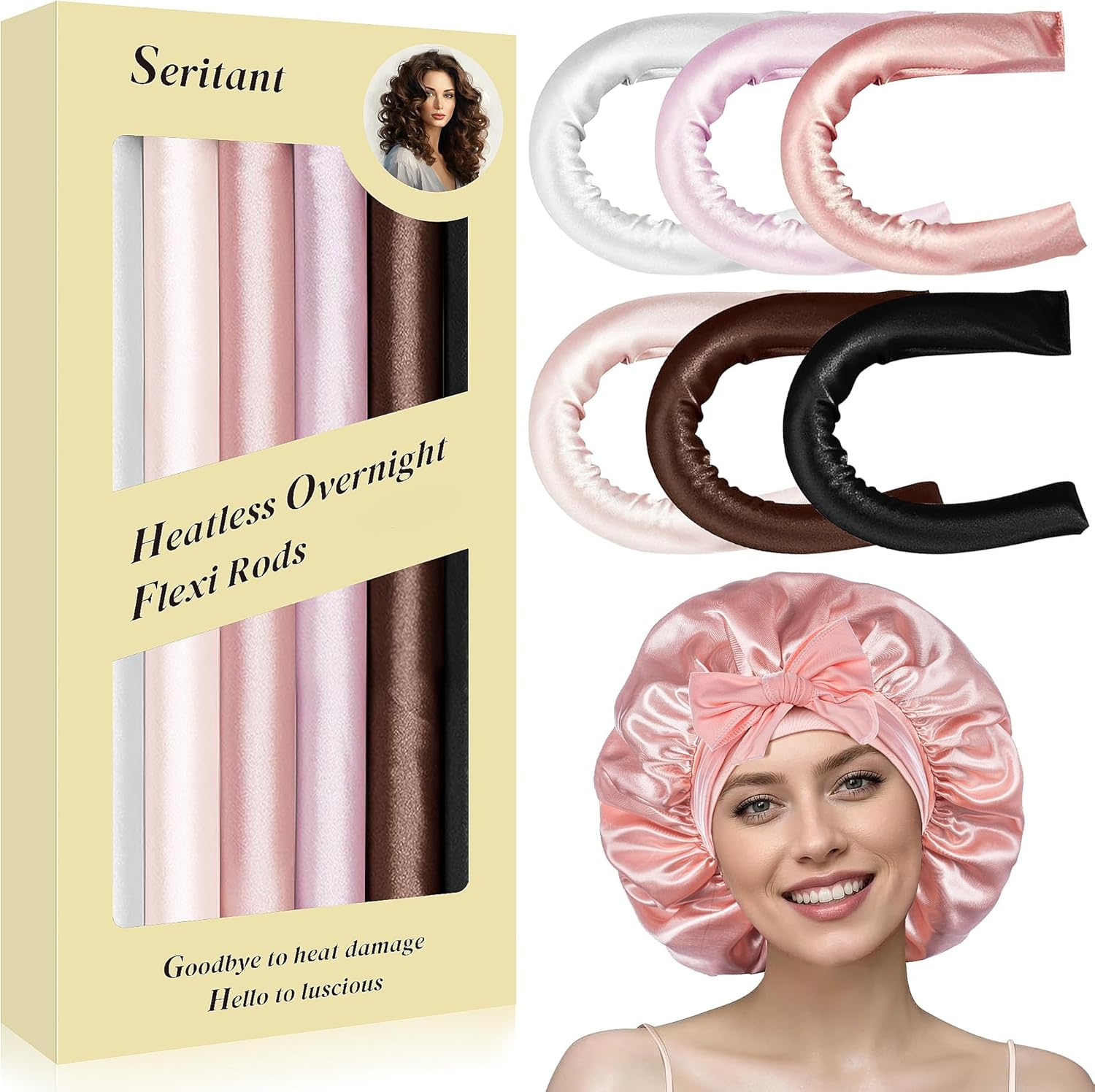 Satin Heatless Curling Rod Set for Overnight Curls &ndash; 6Pcs No-Heat Hair Rollers for Sleeping, Gentle Waves & Voluminous Curls image number 6