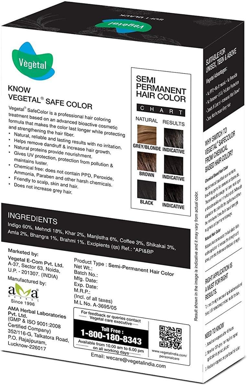 Vegetal Safe Hair Color -Soft Black 100Gm - Certified Organic Chemical and Allergy Free Bio Natural Hair Color with No Ammonia Formula for Men & Women