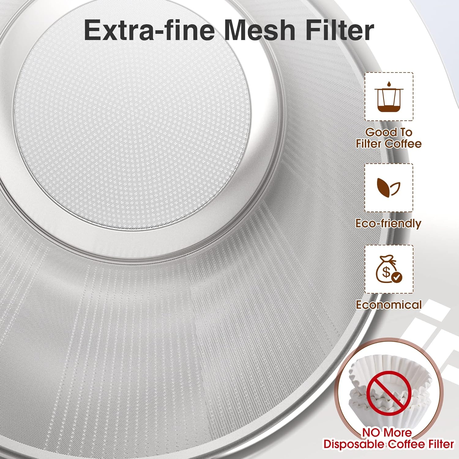 IPOW Reusable Stainless Steel Coffee Filter, Paperless Coffee Maker Strainer, Double Fine Mesh Basket for Loose Tea& Ground Coffee, Coaster Lid, Long Handle for Cup, Mug &Teapot image number 4