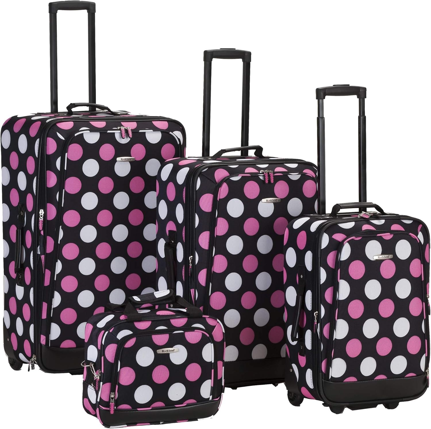 Rockland Escape 4-Piece Softside Upright Luggage Set, Pink Dots, 4-Piece Set (14/19/24/28), Escape 4-Piece Softside Upright Luggage Set