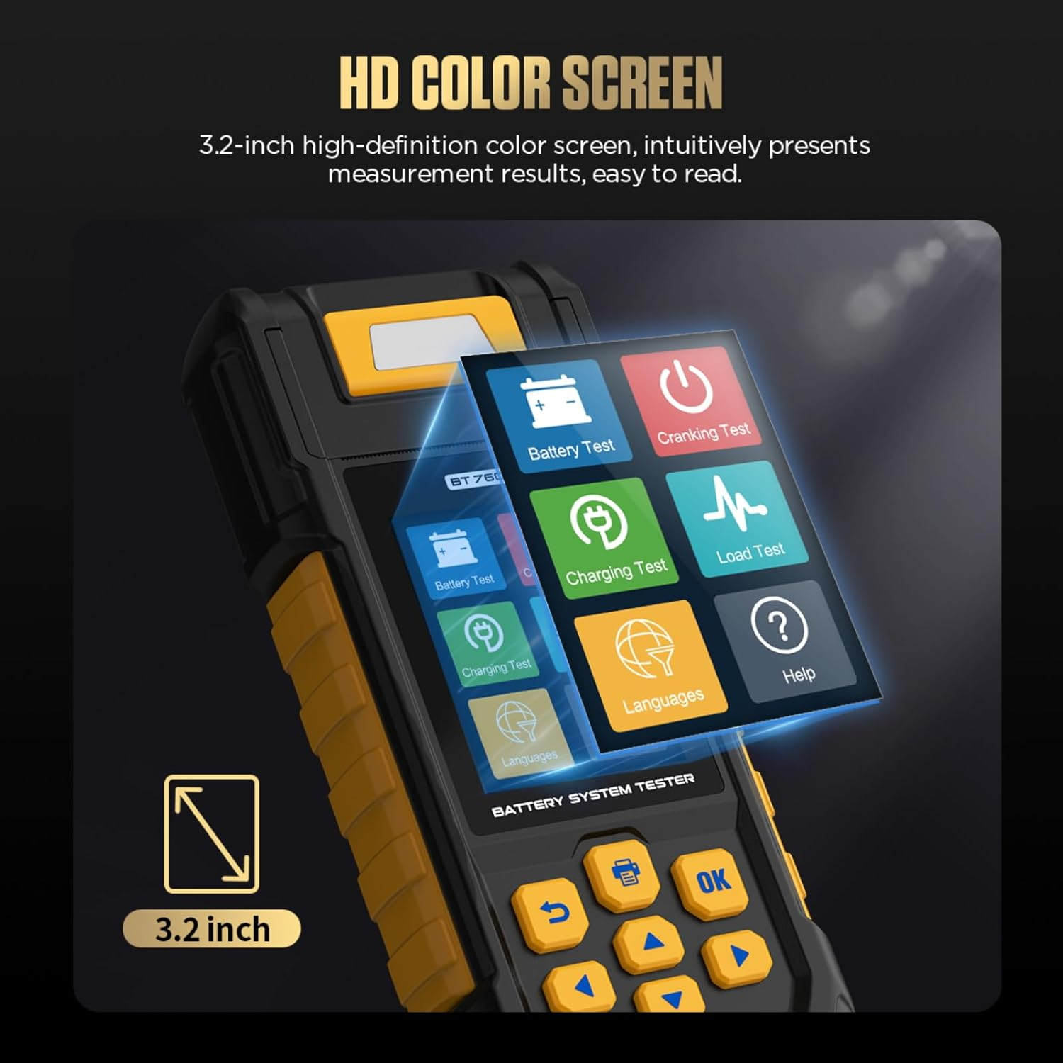 Battery System Testers BT760 Battery Analyzer 30-2000 CCA Battery/Load/Charging/Cranking Test for 8-32V Vehicles HD Vans Trucks Motorcycles Built-In Printer with 3 Rolls Printer Paper 14 Languages