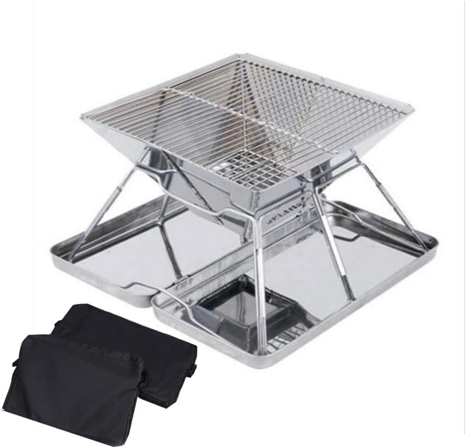 Portable Camping Fire Pit, Folding Charcoal BBQ Grill with Carrying Bag, Foldable Barbecue Firepit, Stainless Steel Burning Charcoal Fire Pit, Collapsible Camping Pits Grill for Barbeque