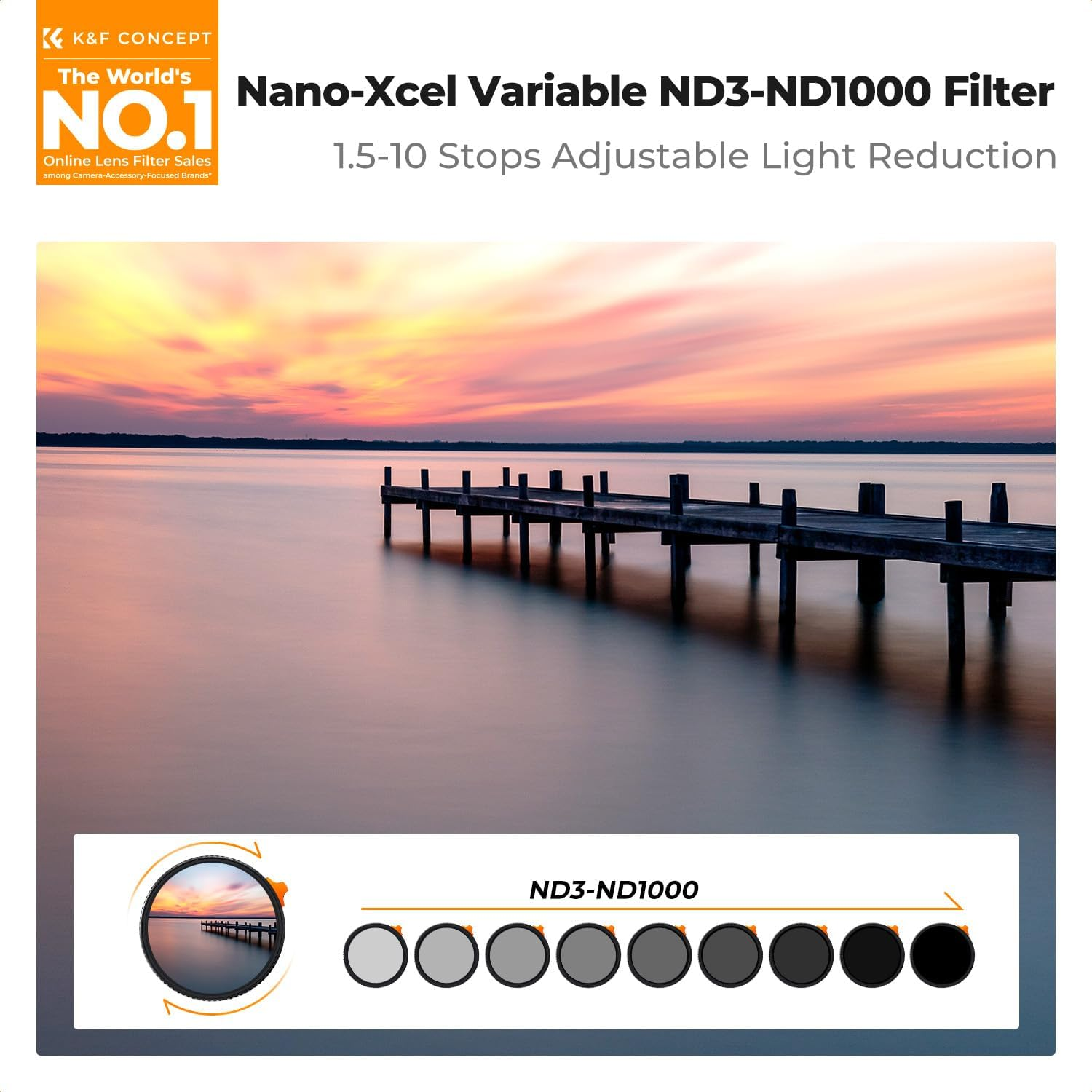 K&F CONCEPT 52Mm Variable ND Lens Filter ND3-ND1000 (1.5-10 Stops) Putter Adjustable HD Neutral Density Filter with 28 Multi-Layer Coatings for Camera Lens (Nano-X Series) image number 3