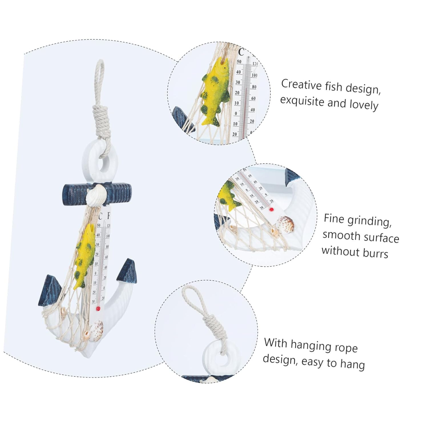 Milisten Ocean Style Wooden Boat Anchor Thermometer Decor Retro Mediterranean Design Nautical Ornament for Living Balcony Home Office Display image number 3