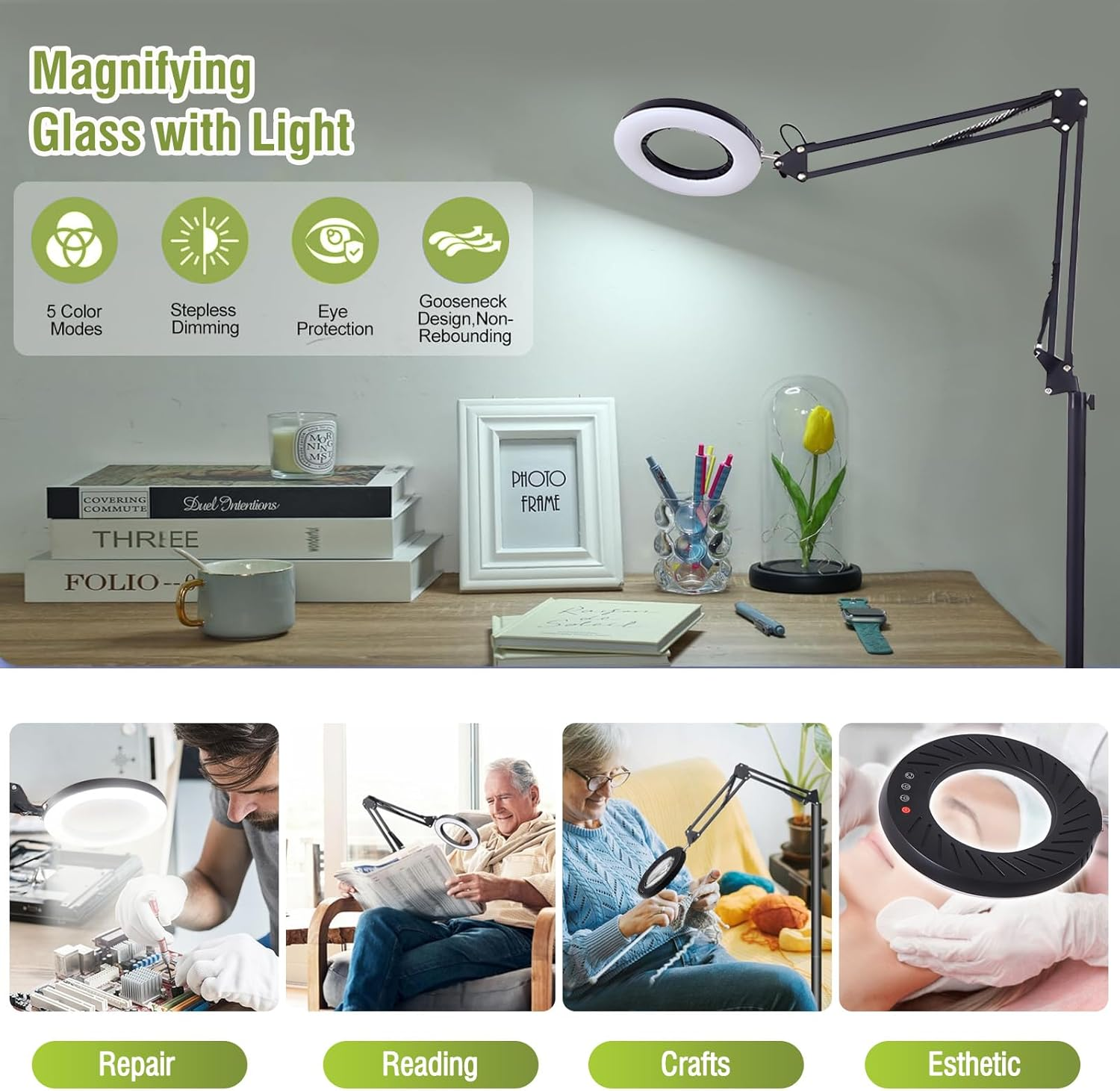 10X Magnifying Glass Floor Lamp,Foldable and Large Angle Rotation Five Colors Switching,Ten Levels of Dimming,Suitable for Beauty,Electrician Maintenance,Bedroom,Living Room,Dormitory Lighting,Office. image number 1