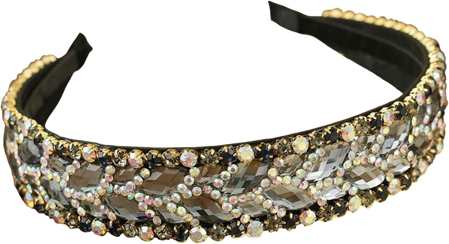 Handmade Luxury Irregular Sparkle Crystal Rhinestone Wide-Edge Headband Hair Hoop Band - Fashion Hair-Band Headwear Accessories for Women Lady Girls (Champagne)