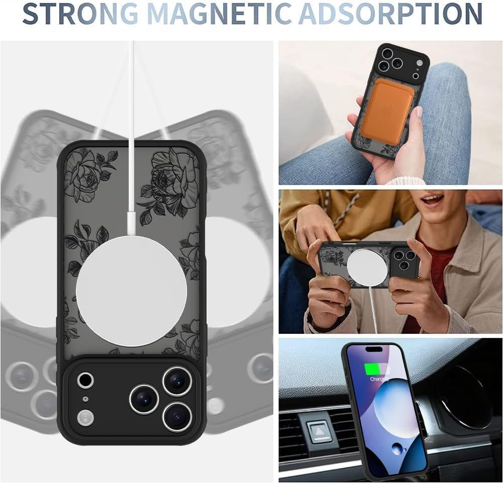 ELEPIK Black Floral Series for Iphone 17 Pro Max Case, [Compatible with Magsafe] [Military Shockproof Protection] Flower Pattern Design Phone Case for Women Girls Slim Magnetic Cover, Black Rose image number 2