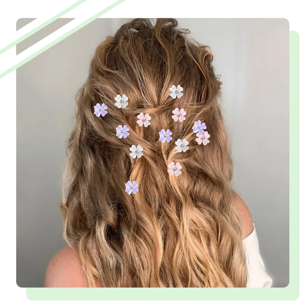 SUNNYCLUE 1 Box 30Pcs 3 Colors Four Leaf Clover Hairclip Lucky Hair Pin Mini Resin with Rhinestone White Pink Purple Shiny Hair Clips for Barrettes Braid Decorative Accessories Women Costume Party image number 5
