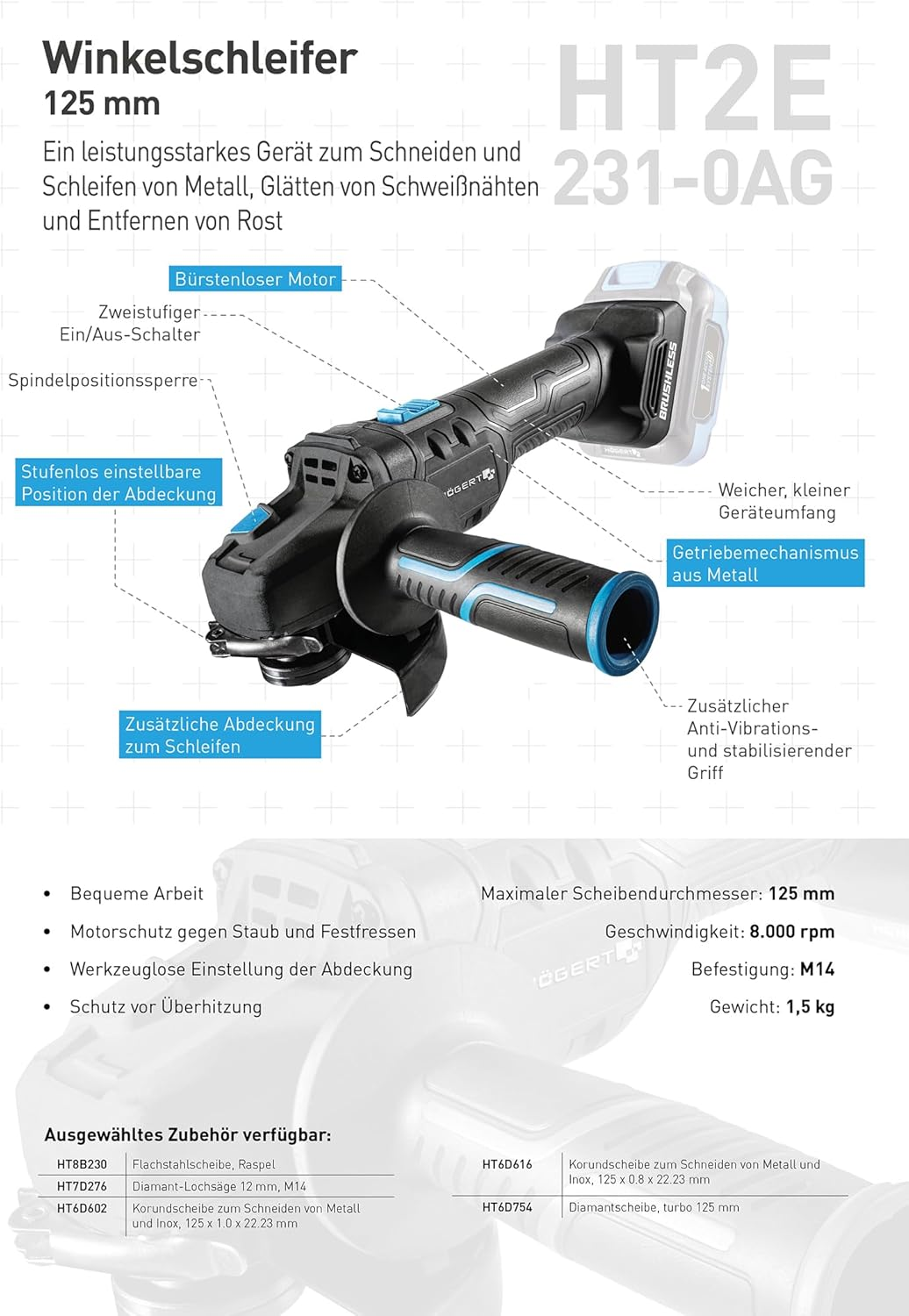 H&Ouml;GERT TECHNIK Cordless Angle Grinder 125 Mm, 18 V Brushless Motor, 8000 Rpm, Tool-Free Protective Devices, Two-Stage Switch, Metal Gear + Promo 2.0 Ah image number 3