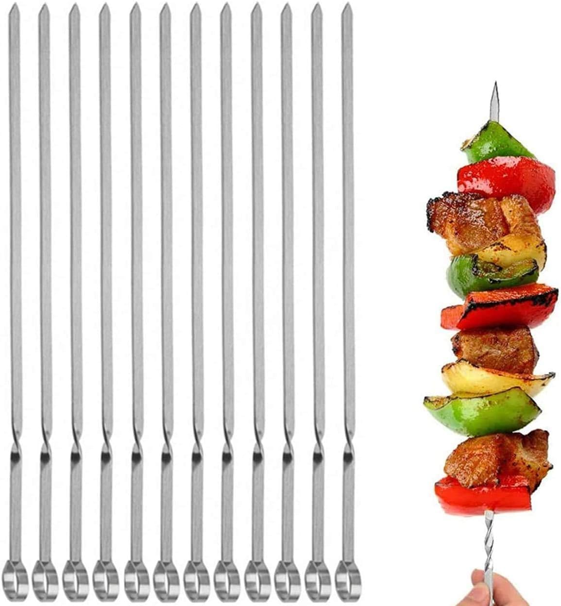 12 Pcs Premium Kabob Skewers,Anti-Roll Metal Stainless Steel BBQ Barbecue Skewer for Meat Shrimp Chicken Vegetable Kebab Fork Sausage&hellip; (12P-Style A)
