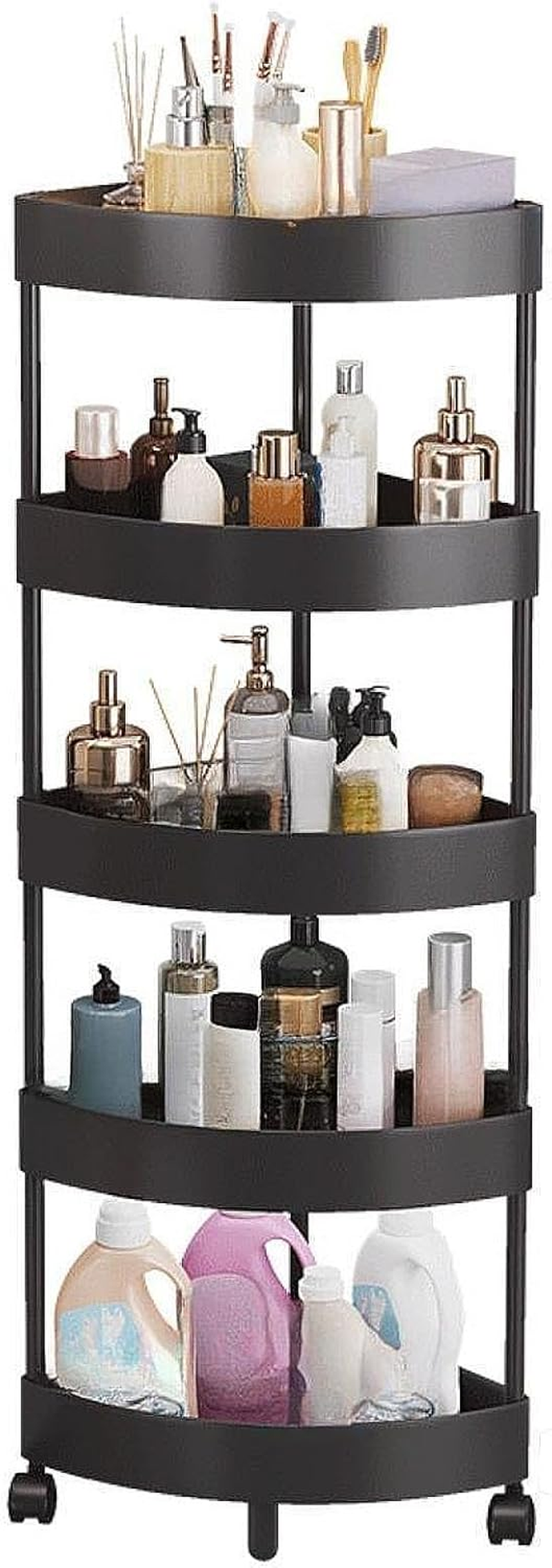 Yuksok Floor Corner Shelf Floor Standing with Wheels Large Capacity Drain Basket Shelving for Bathroom Kitchen Shower Organizer Rack, 5 Tier Black - 4 Tier White image number 7