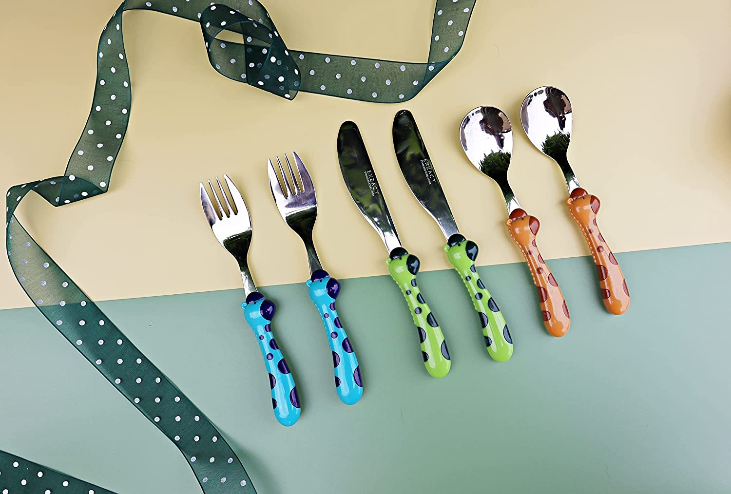 Exzact Children'S Cutlery Stainless Steel 6Pcs Set/Kids Cutlery Toddler Flatware - 2 X Forks, 2 X Dinner Knives, 2 X Spoons, BPA Free Dishwasher Safe 24M+ (Giraffe X 6)