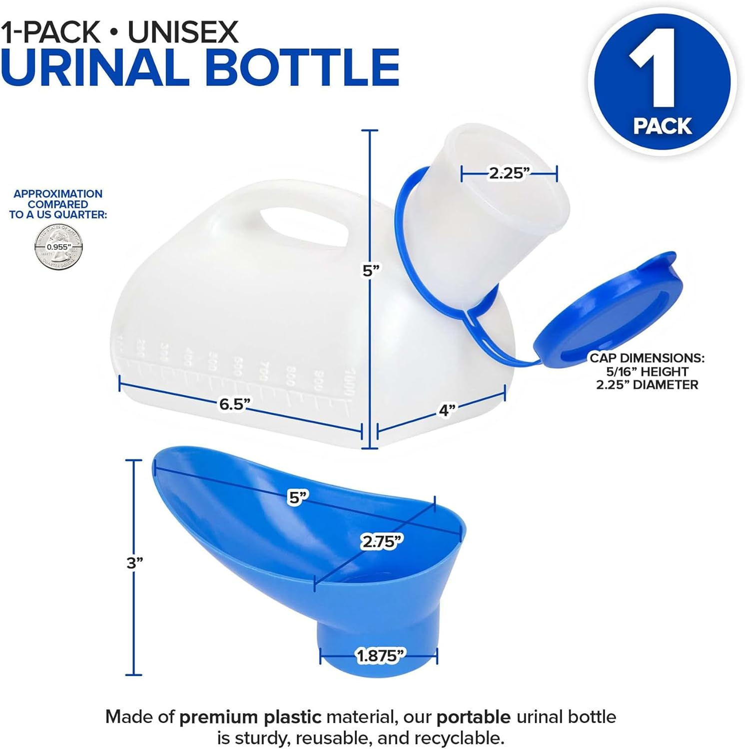 Unisex Urinal Bottle - Portable Urinal for Women & Men - Female Urinal with Lid - 32 Oz Female Urination Device - Women Pee Funnel Cup for Emergency, Travel, Truck Drivers, Car & Camping image number 3