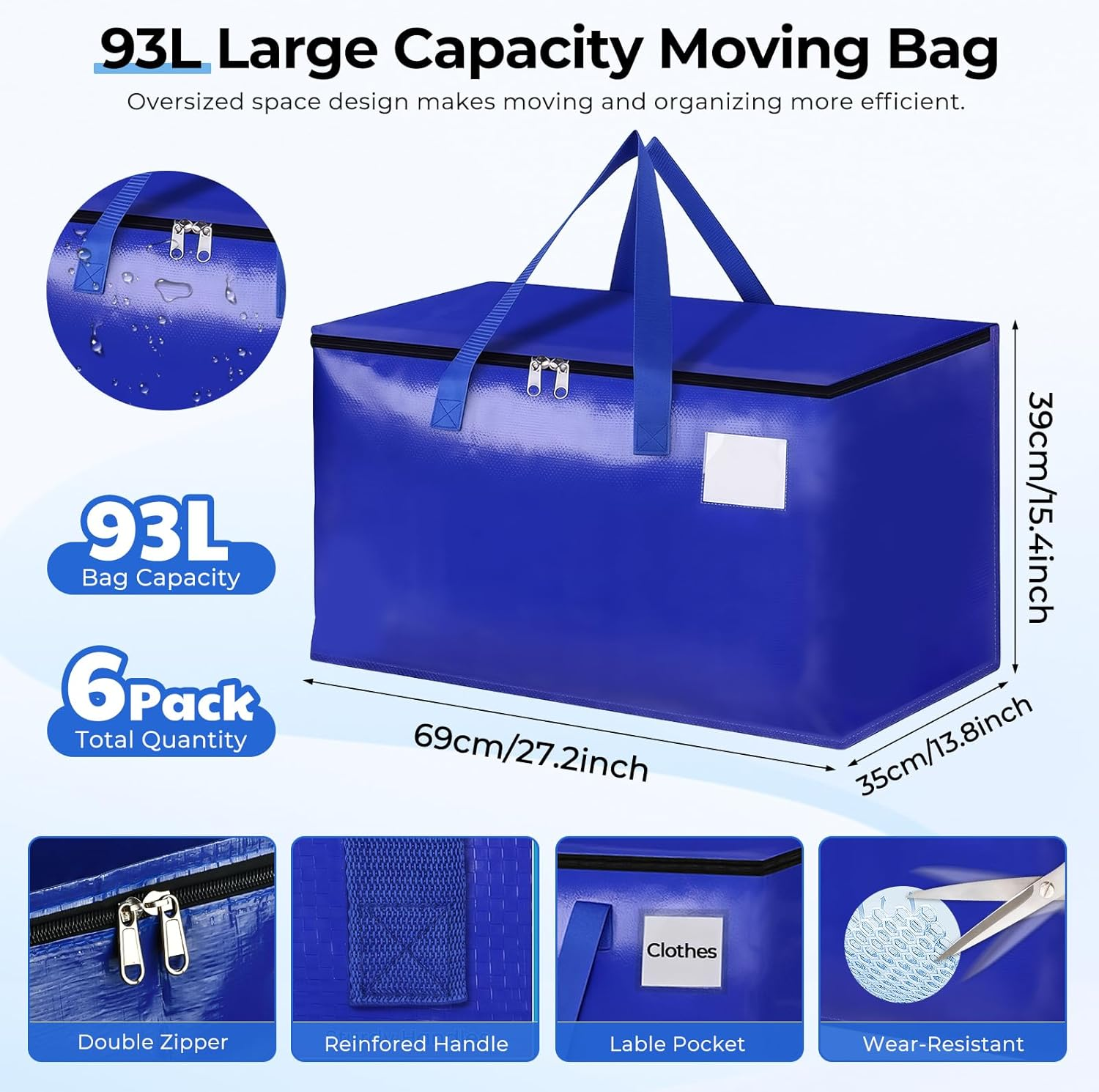 Focenat 93L Large Woven Storage Bag, Pack of 6 Moving Bags with Handles and Zips, Waterproof Transport Bag, Moving Bags for Moving Duvets, Clothes Storage (Blue) image number 5