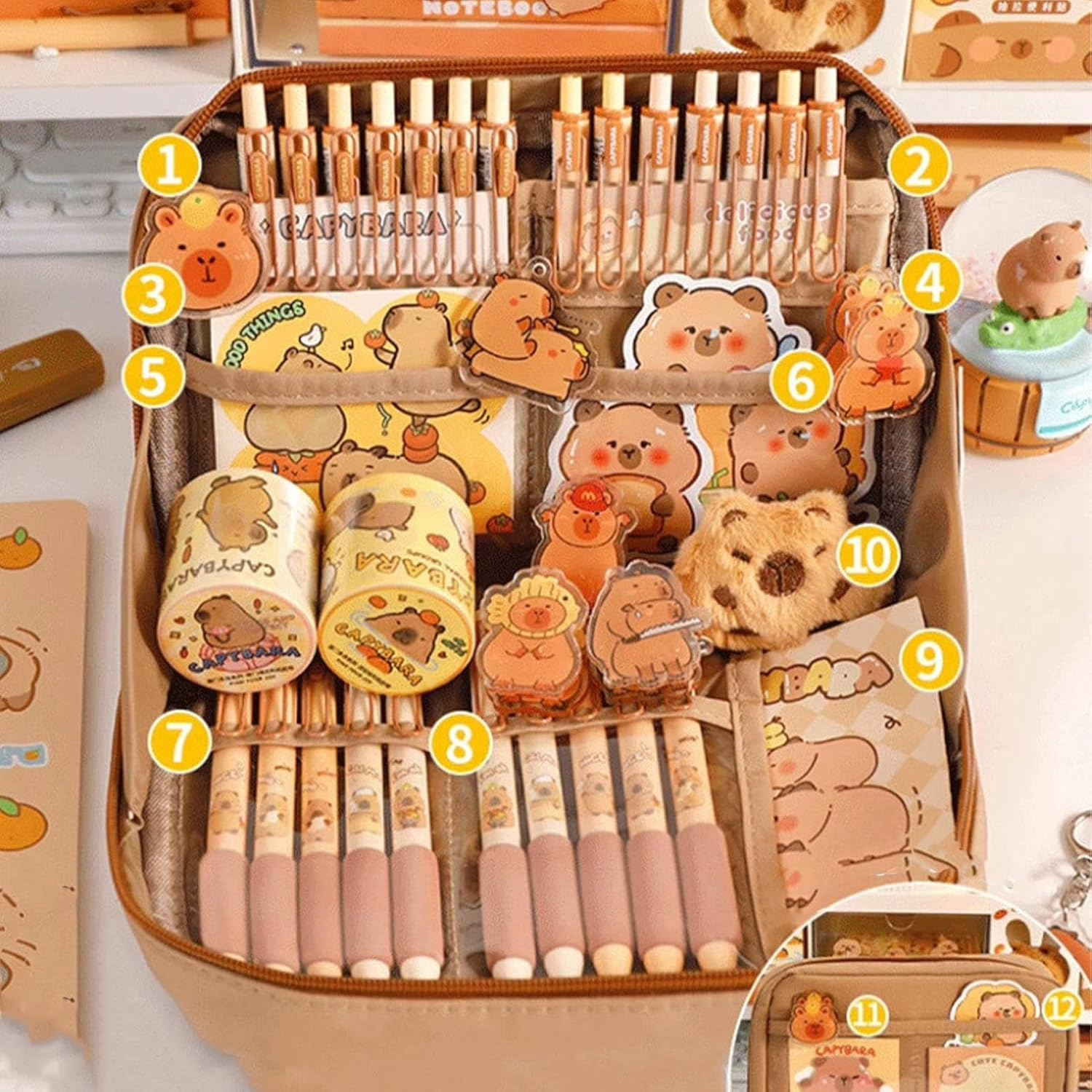 Tuxuseo Capybara Stationery Set, Cartoon Pencil Bag, Cute Pencil Case with Pens, Clips, Rulers and More, Wide Opening Pen Organiser image number 4