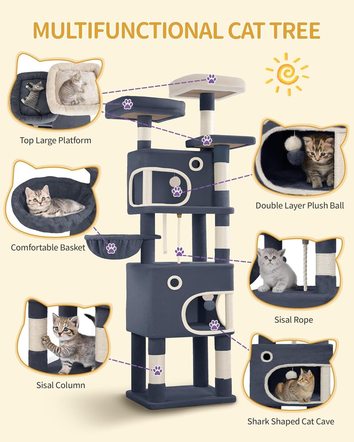 Hzuaneri Cat Tree for Indoor Cats, Cat Tower, Multi-Level Cats Condo with 8 Scratching Posts, 3 Platforms, 2 Caves, Basket, Plush Balls, Sisal Rope, Anti-Tip Kit, 180Cm Dark Gray MS18018SG