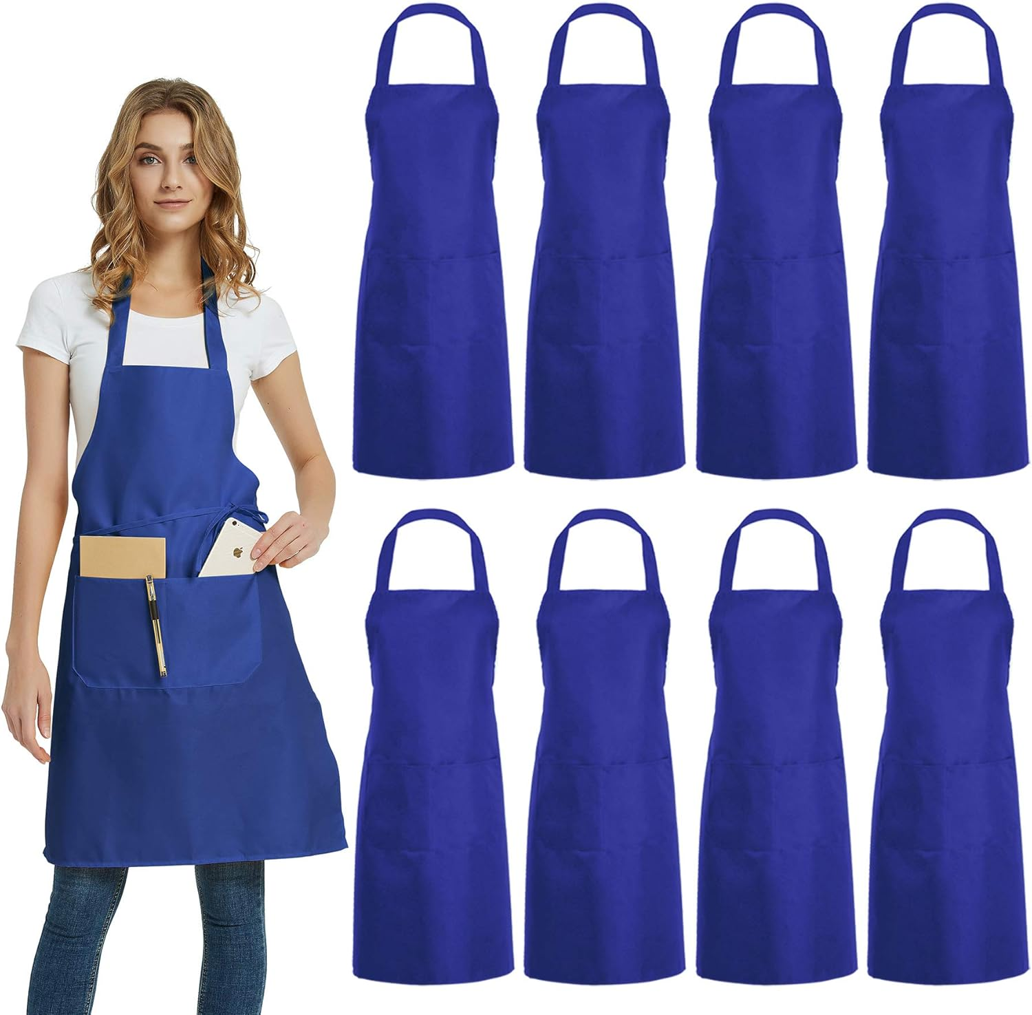 DUSKCOVE 8 Pack Bib Aprons Bulk - Unisex Black Commercial Apron with 2 Pockets for Kitchen Crafting BBQ Drawing Cooking