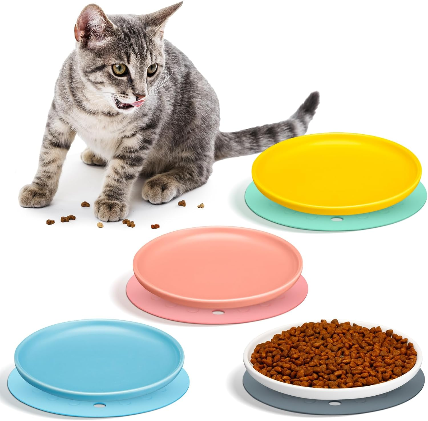 Blulu 4 Ceramic Cat Bowls with 4 Non-Slip Silicone Mats Flat Cat Feeding Bowls to Relieve Whisker Fatigue Cat Food Plate for Kittens Small Pets Water Wet Food image number 5