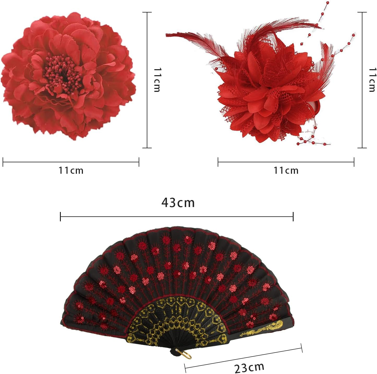 Axvxby B0DLNRM26R Axvxby 3 Piece Chinese Style Large Red Faux Flower Peony Hair Clip + Red Feather Headpiece + Folding Fan with Flowers for Women Hair