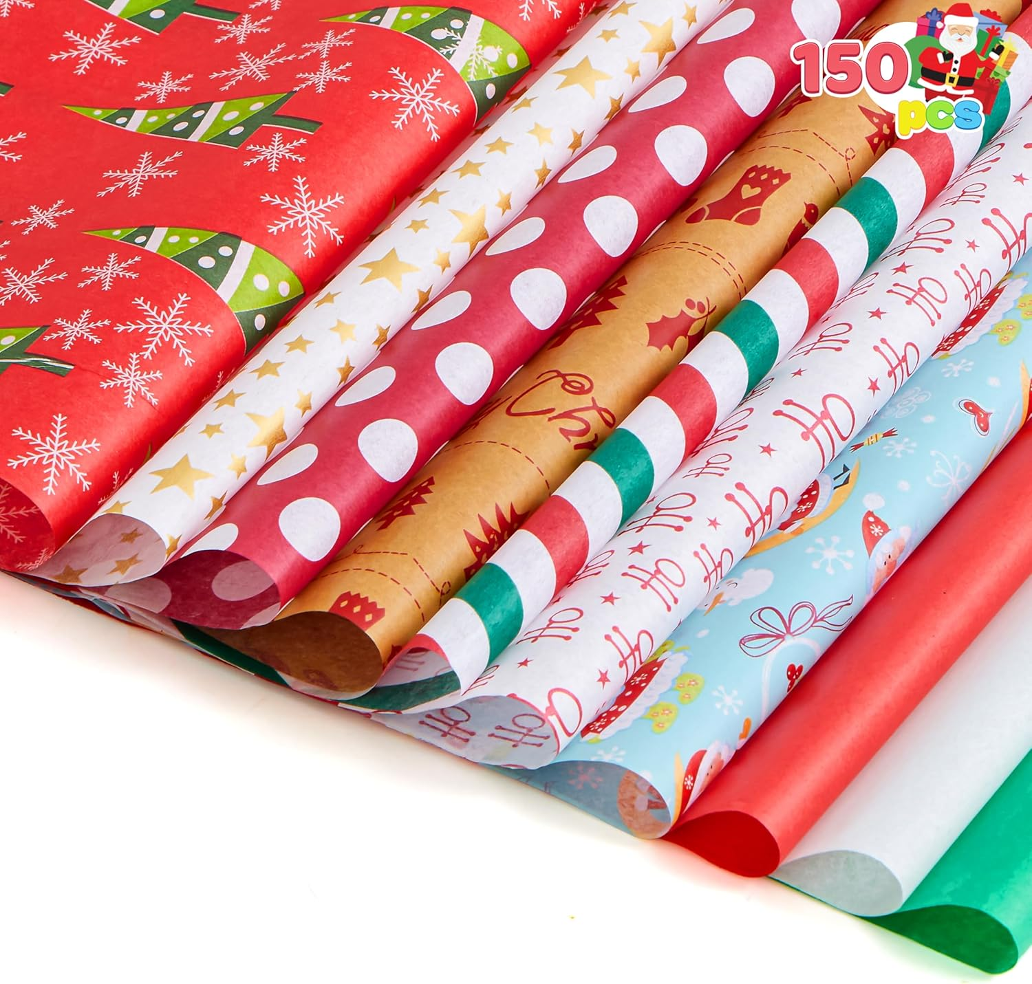 Joiedomi 150 Sheets Christmas Tissue Paper Assorted Design; Easy and Fast Gift Wrapping Accessory Perfect for Present Boxes, Xmas Gift Wrapping Bags and Wine Bottles image number 2