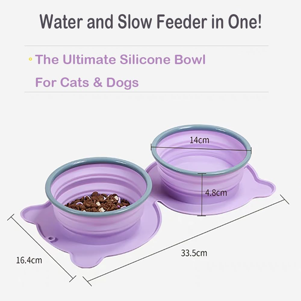 Catchu Silicone Foldable 2 in 1 Pet Bowl, Quality Collapsible Double Slow Feeder Dish, Integrated Molding Expandable Travel Food Water Bowl for Dogs Cats (Purple) image number 5