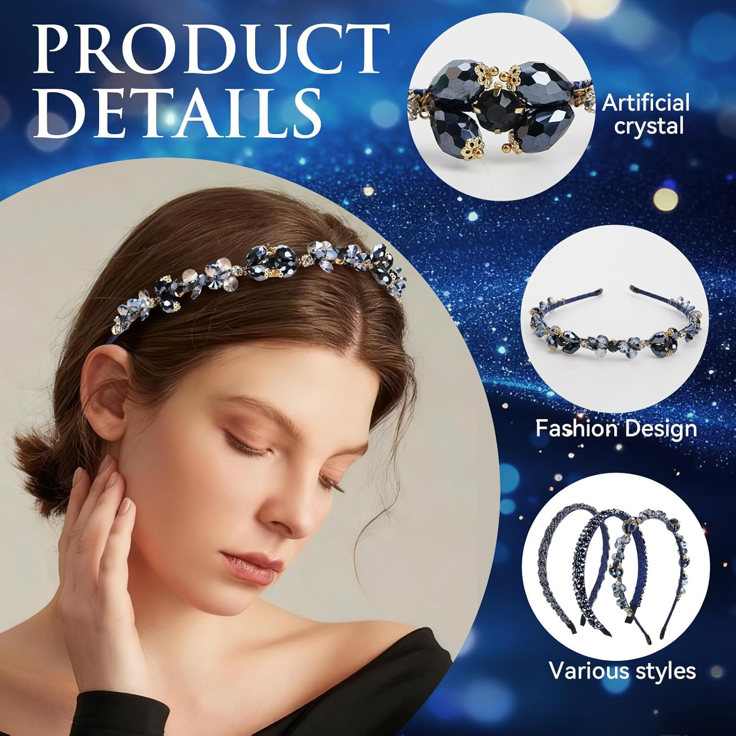 Set of 3 Rhinestone Headband Dirndl Women'S Crystal Headband 1.2/1.5/2 Cm Costume Hair Accessories for Oktoberfest Wedding Carnival Glitter Hair Band image number 5