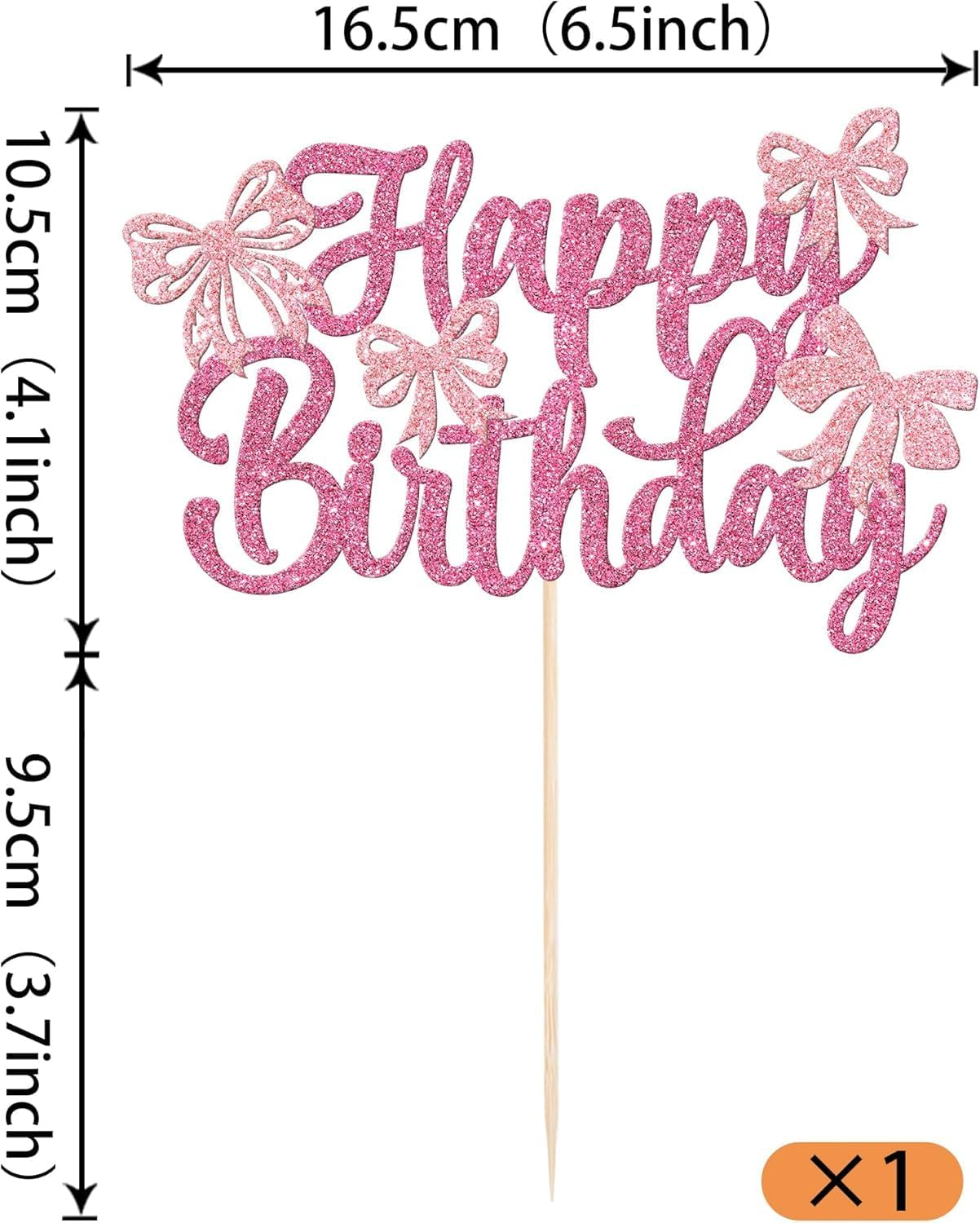 SYKYCTCY 1 Pack Bow Happy Birthday Cake Topper Glitter Coquette Cake Pick Decorations for Girls Women Birthday Theme Baby Shower Party Supplies (Pink) - Pink image number 3