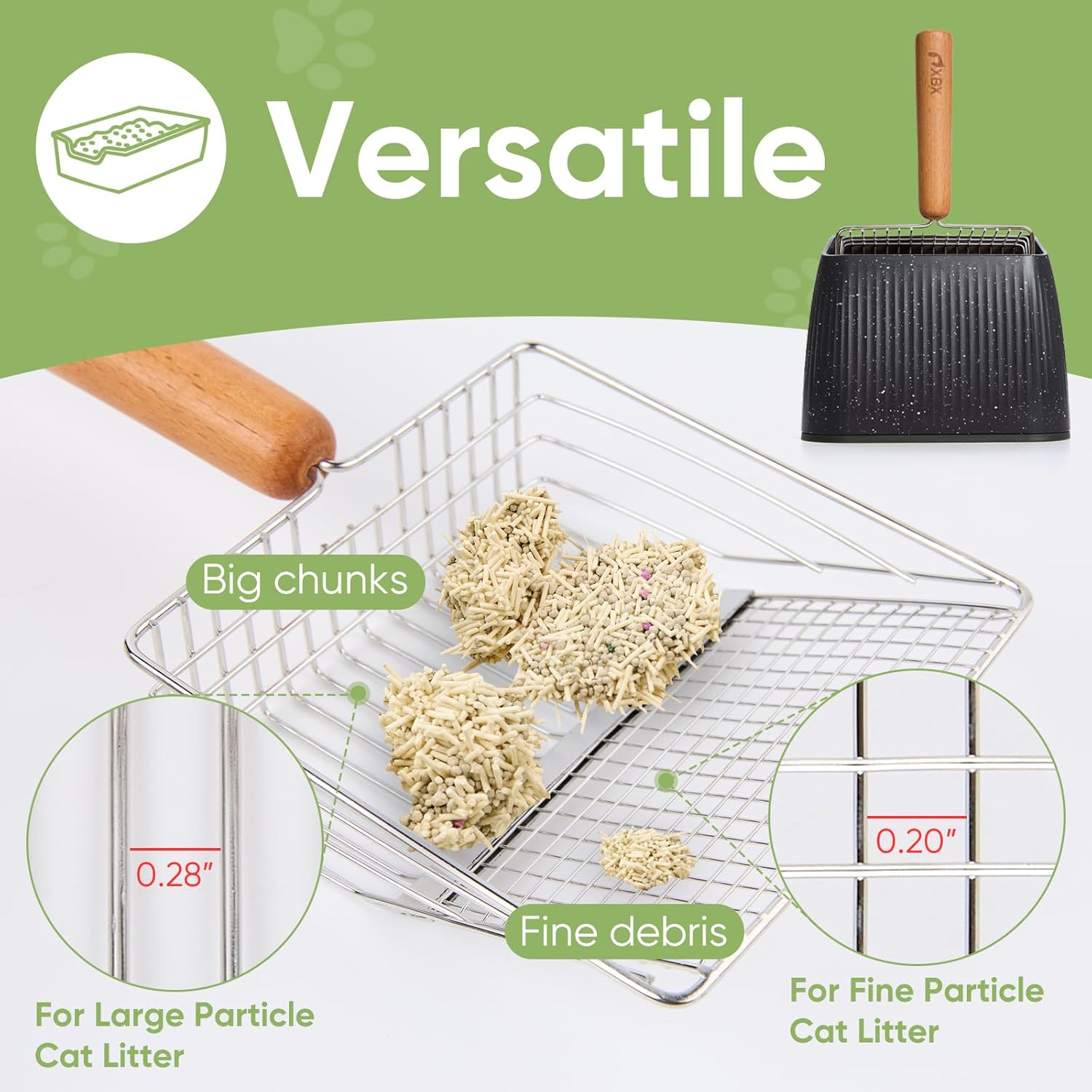 Cat Litter Scoop with Holder, Heavy Duty Litter Sifter, Stainless Steel Litter Shovel, Litter Scooper with Beech Wood Grip and Washable Stand, Perfect for Cat Litter Box Cleaning image number 5