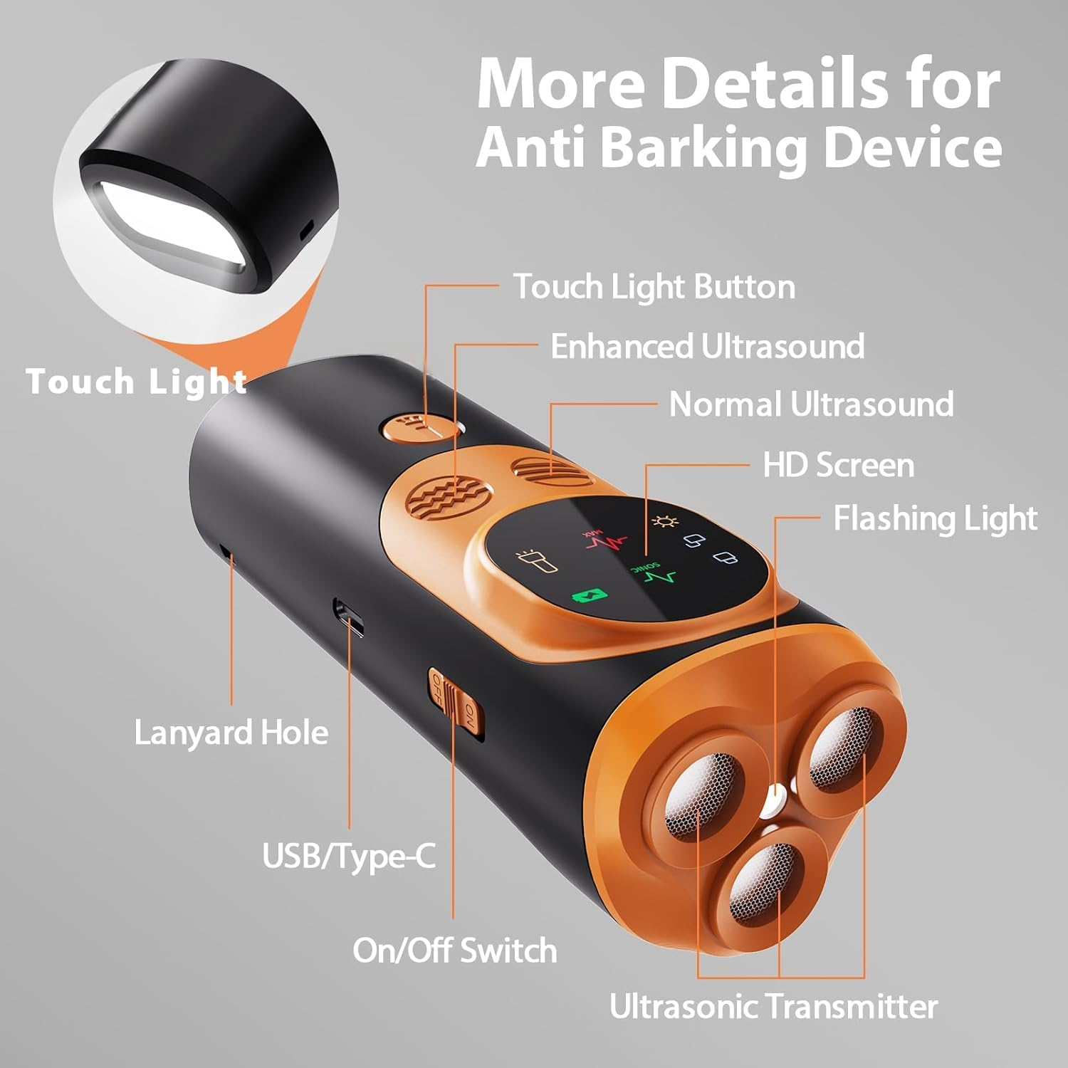 Dog Bark Deterrent &ndash; Ultrasonic Dog Training Device with LED Light, 3-Head 50Ft Range Anti-Bark Control, Rechargeable Handheld Dog Repellent with Dual Frequency, Pet-Friendly & Portable (Orange) - Black image number 6