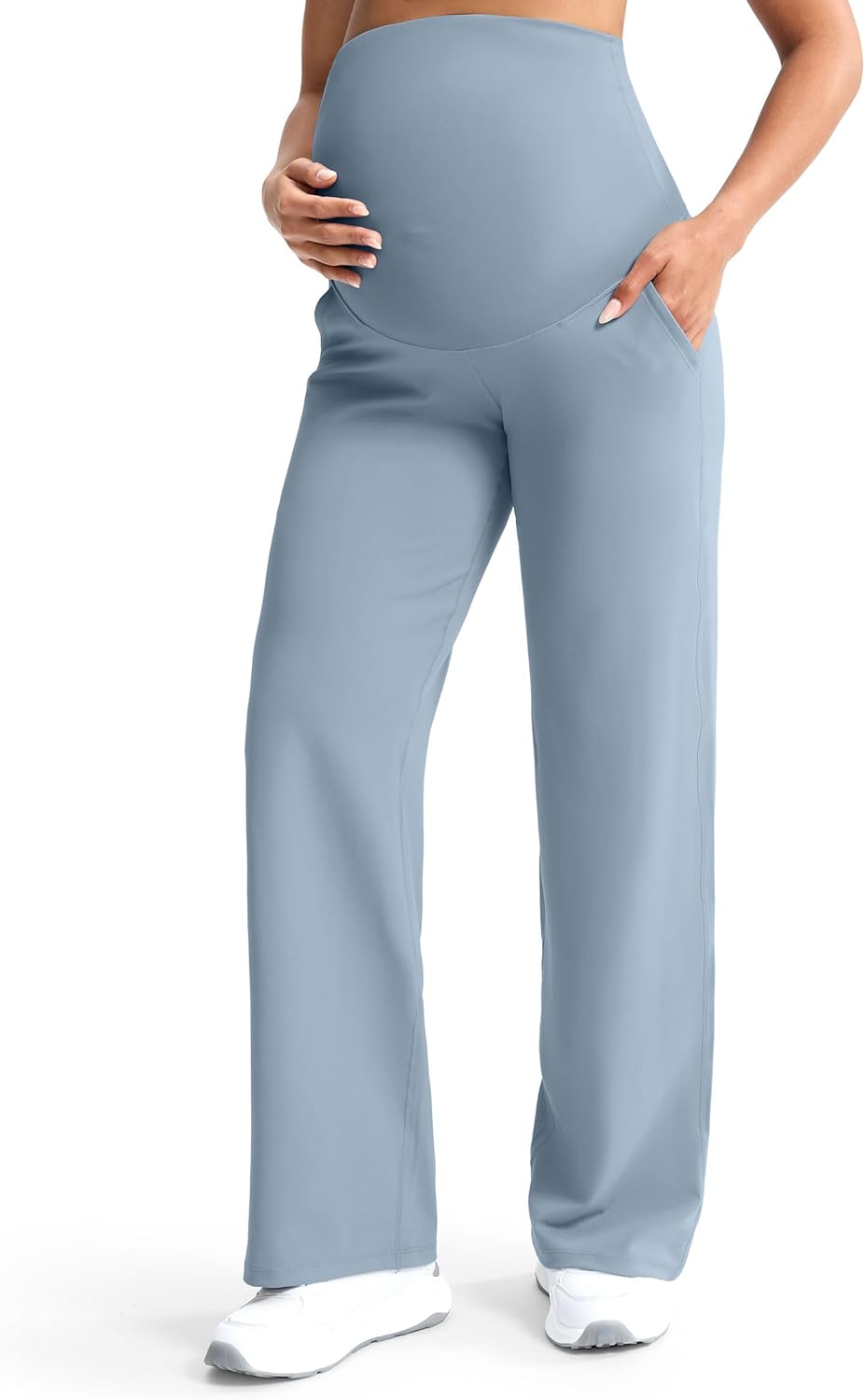 Mama Land Maternity Pants over the Belly High Waisted Wide Leg Yoga Pants with Pockets Stretchy Pregnancy Lounge Clothes