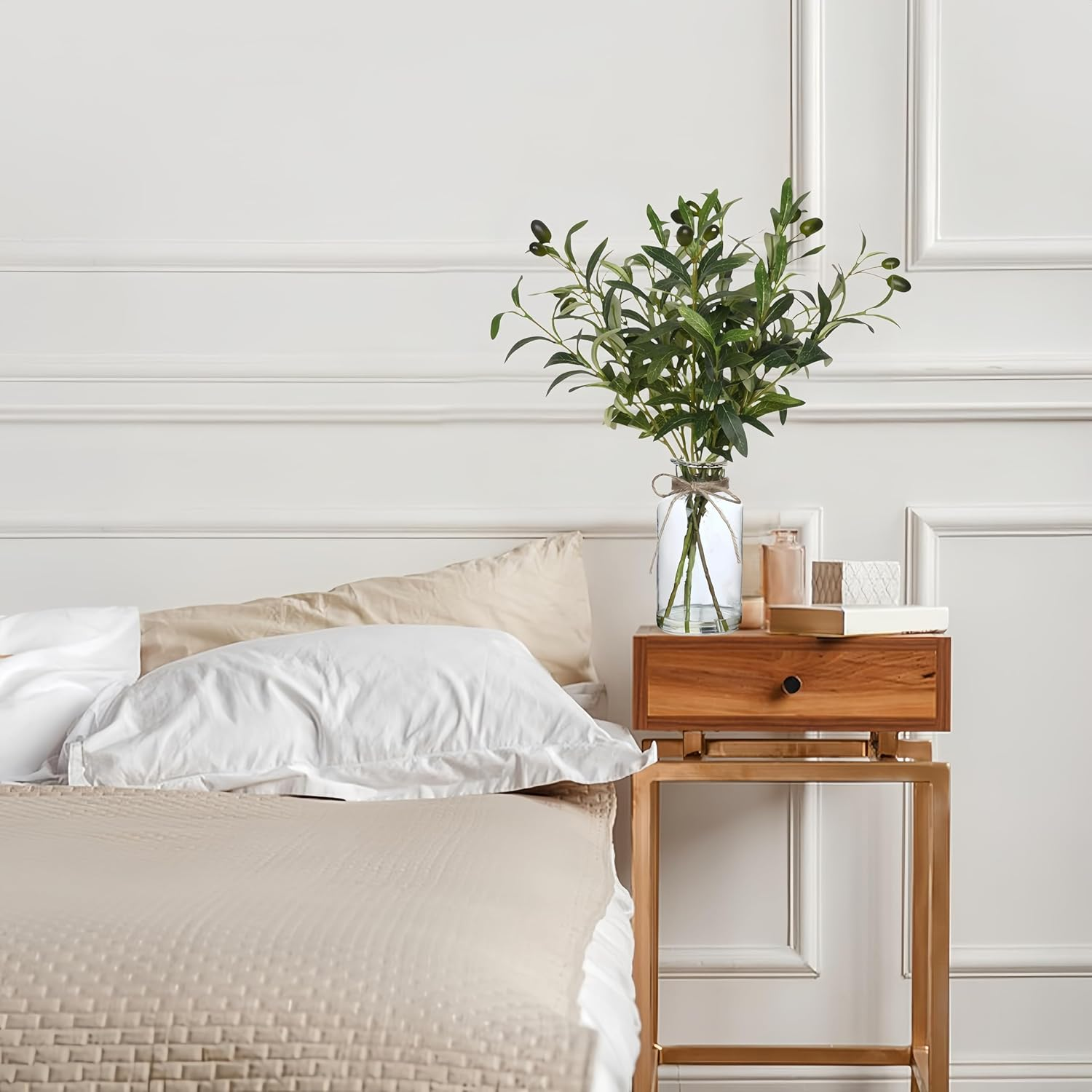 Avoik Artificial Plants Olive Branch in Glass Vase, 14.5&rdquo; Fake Plant Greenery Stems with Olive Branches Faux Eucalyptus Stems for Home Office Farmhouse Wedding Table Centerpiece D&eacute;cor image number 3