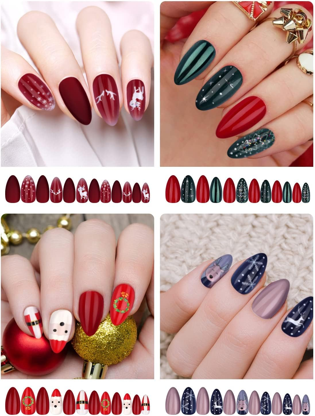 EBANKU 96 Pcs Christmas Fake Nails, Artificial Christmas Press on Nails Reindeer Snowflakes Christmas Trees Full Cover Nail Tips for Women Girls-B - B image number 4