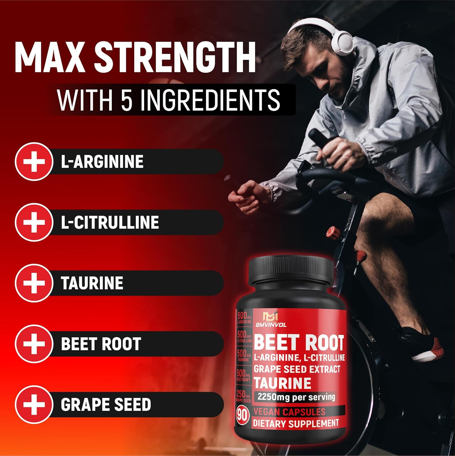 Beet Root Capsules L Arginine L Citrulline Taurine Grape Seed - Nitric Oxide Beetroot Powder - 90 Capsules Gluten Free and Non-Gmo image number 3