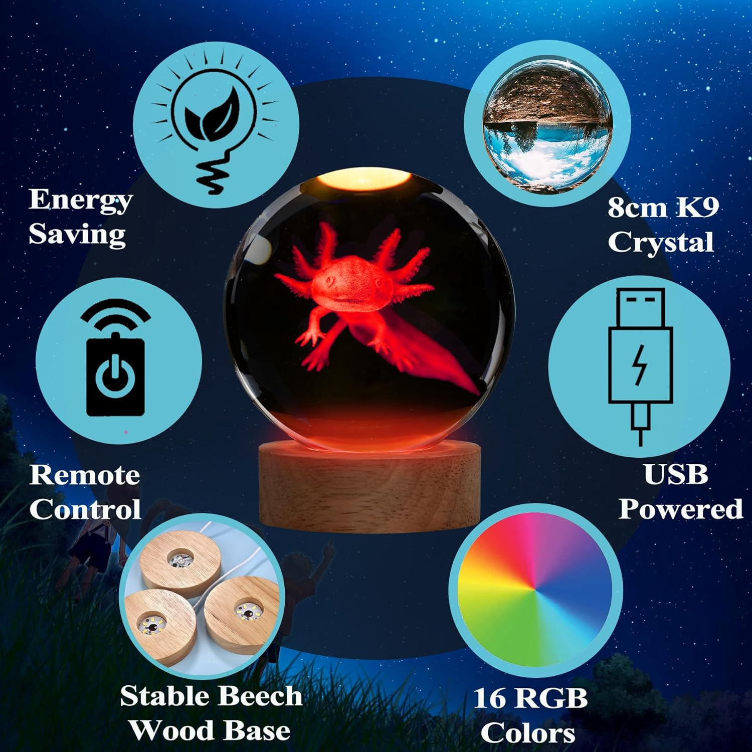 POSSHE Axolotl Night Light, 3D Crystal Ball Lamp with Remote, 16 Color, 3.15 Inch Crystal Ball, Axolotl Figurines, Room Decor, Gifts image number 6