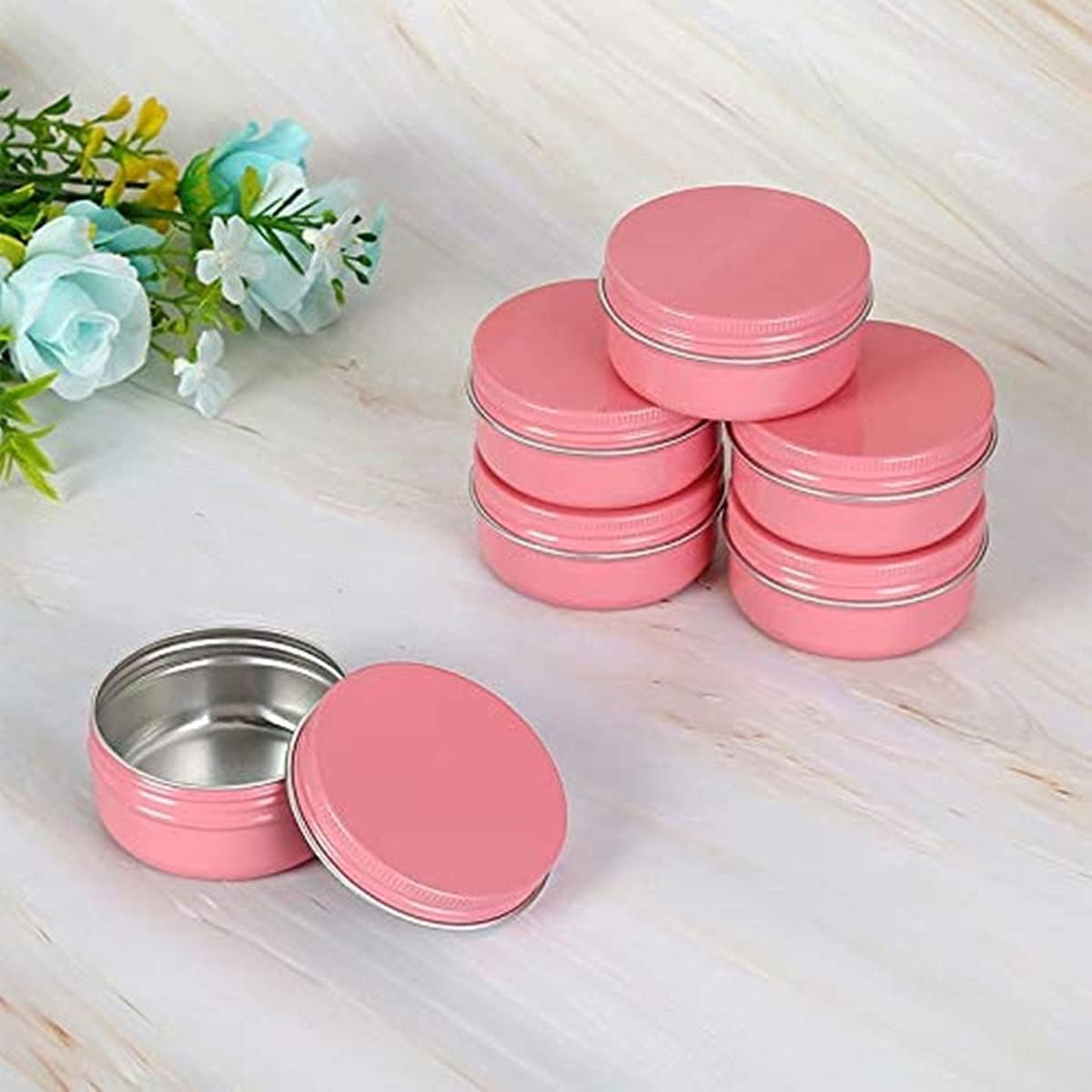 12 Pack 2 Oz/60Ml Pink Aluminum Tin Cans Screw Top round Metal Steel Tins Empty Lip Balm Tin Jars Travel Cosmetic Sample Containers for Tea Salve Spice Candies(60G) image number 3