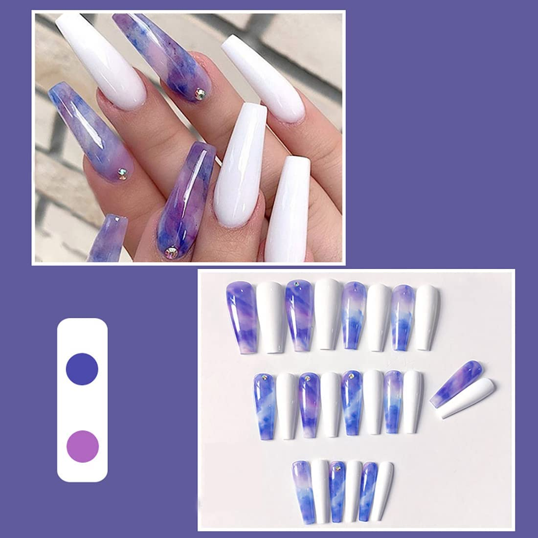 Fake Nails Long Coffin,Glossy Gradient Ballerina Blue False Nails with Rhinestone Design Full Cover Stick on Nails for Women and Girls 24 PCS image number 1